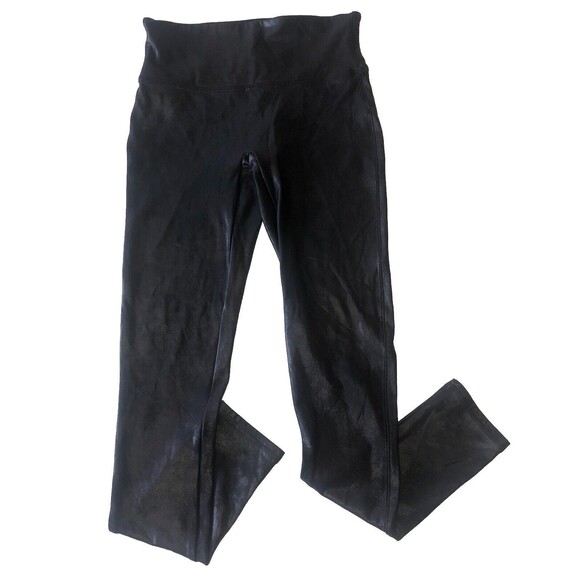Spanx Leggings Black Faux Leather Metallic Stretch Pants Skinny Medium Petite - Picture 1 of 14